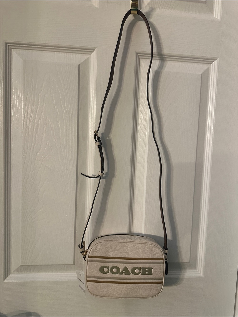 Coach Chalk and Tan Pebbled Leather Mini Camera Crossbody